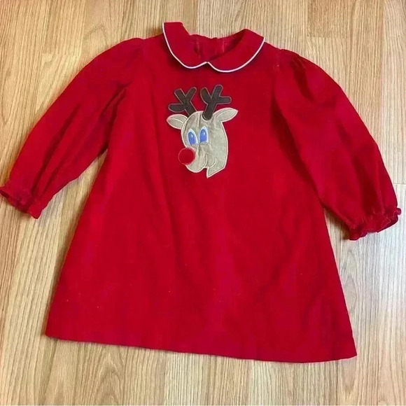 4T 100% cotton Rudolph red Christmas shift dress long sleeves ribbed corduroy - Picture 1 of 7